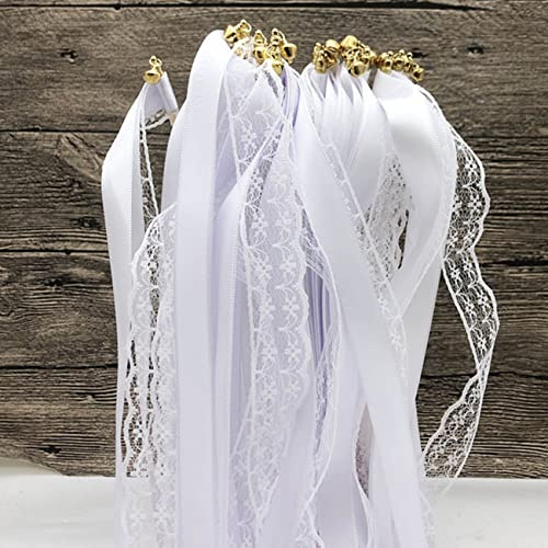 CC wonderland zone 30 Stück Weiß Wedding Wand Romantic mit Hochzeitsbändern,Zauberstäbe Hochzeit Luftschlangen mit Glocken, Spitzenfeenstab Seidenfeenstab für Hochzeit Party