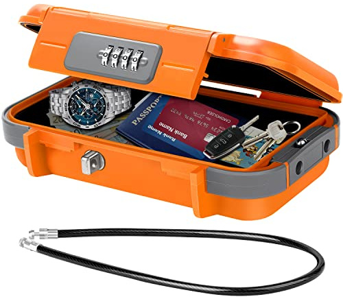 WACCET Tragbarer Tresor mit Zahelncode, Sicherheitsbox Wasserdicht Anti-Diebstahl Mini Tresor Zahlenschloss mit abnehmbarem Drahtseil Sicherheitssafe für Hause, Büro, Hotel, Reisen Usw (Orange)