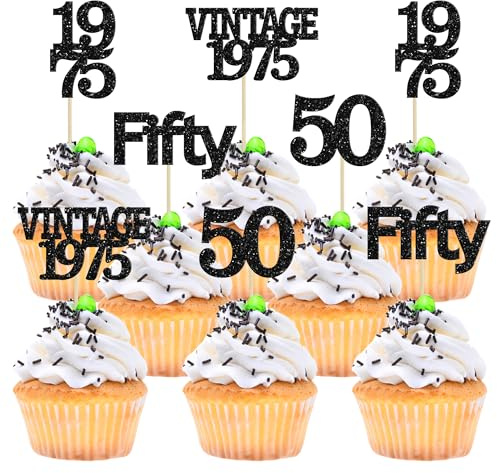 Gyufise 24Pcs Vintage 1975 Cupcake Toppers Cheers to 50 Fabulous Fifty Cupcake Picks 50th Birthday Wedding Anniversary Party Cake Decorations Supplies Black