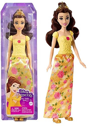 Disney Mattel Princess HLX31 Belle - Puppe mit typischem Outfit, abnehmbaren Schuhen und Diadem, Abnehmbarer Rock mit Blumenmuster, Lange Haare zum Frisieren