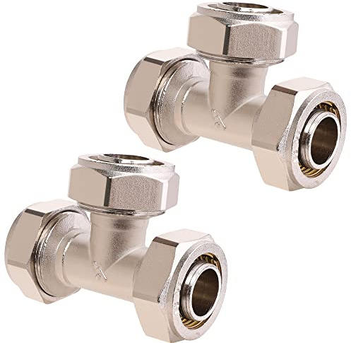 ANCIMOON 2PCS 3/4’’ Tee Air Piping Fittings, 3/4’’ Tubing x 3/4’’ Tubing x 3/4’’ Tubing, Brass-Nickel Plated, 200PSI Working Pressure, Air Line Fittings for Shop Garage Compressed Air Tube System