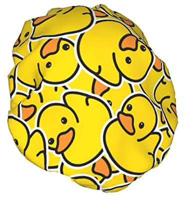 Gorro de ducha de pato amarillo pequeño para mujer, impermeable, reutilizable, forro de PEVA, ajustable, doble protección, gorro de baño elástico para todo el cabello largo
