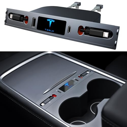 Tesla USB Hub for Model 3/Y, Multiport Car USB Charger for Model Y (2021-2024) Model 3 (2021-2023), Tesla with Retractable Charging Cable, Suitable for Model 3/Y Centre Console Adapter