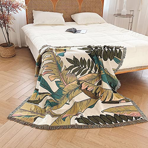 Menkala Kuscheldecke Decke Tropische Blätter Muster Sofadecke mit Fransen Tagesdecke 130x160 Strickdecke Wohndecke Couchdecke Deko für Sofa Büro Betten Reisen Wohnzimmer Schlafzimmer Grün