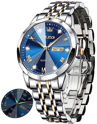 OLEVS Uhr Herren Luxus Diamant Edelstahl Wasserdicht Analog Datumsanzeige Business Original Blau Armbanduhr Herren