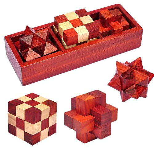 RoseFlower 3 Stück Knobelspiele im Set, Geschicklichkeitsspiel Holz, Spielesammlung 3D Puzzle - Denkspiele - Knobelspiele - Geduldspiele - Puzzleboxen für Erwachsene & Kinder