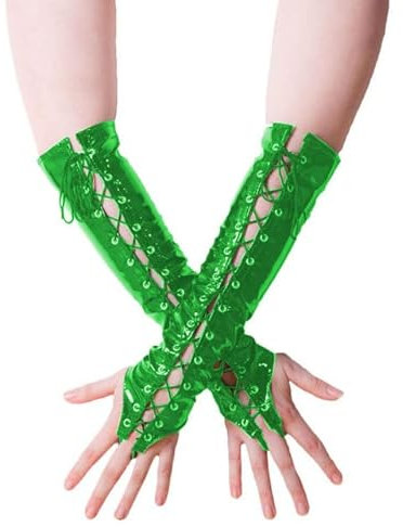 MINUSE Unisex Lange Fingerlose Handschuhe Handschuhe PVC Schnürung Glänzende Wetlook Lederhandschuhe Frauen Pole Dance Ellenbogenlange Handschuhe,Grün,M