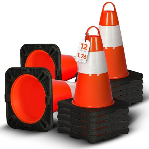 Pyle 12 PVC Traffic Cones, 12-PackSafety Cones for Parking, Construction & Roadwork, High-Visibility Orange, Durable, Stackable Design, Heavy-Duty Base for Stability in All Weather