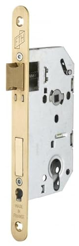 FTH - Serrure Encastrable SE 50 - Têtière Bouts Ronds Laitonnée - Système de Retournement - Coffre Acier - Fermeture à Deux Tours - Axe 50 mm - Laiton Émerisé