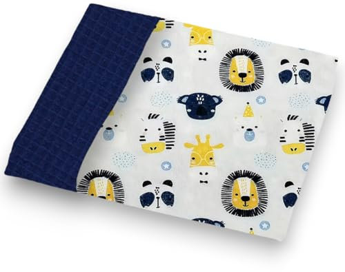 Ahoiikids Krabbeldecke für Babys aus 100% Baumwolle, 70x90 cm, Dünn & Füllungsfrei, Beidseitig Verwendbar, Weiche & Sanfte Waffelstruktur, Kuscheldecke & Spieldecke - Design: Löwe in Dunkelblau