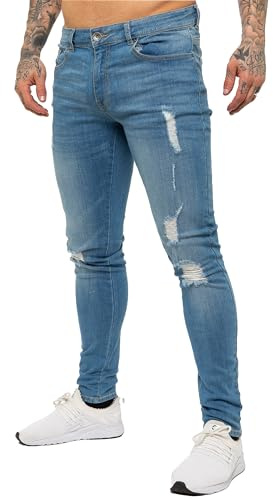 989Zé ENZO Skinny Stretch Fit Pant Jeans Pantalones Rasgados para Hombre EZ383 Azul Claro 30W / 30L