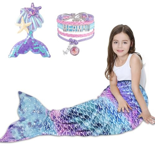 RDDAIPE Coperta a Coda di Sirena, 140*60cm Coperta a Forma di Coda di Sirena per Bambini con Braccialetto a Forcina Paillettes, Coperta Sirena di Flanella Indossabile, Regalo per Ragazze,Viola e Blu