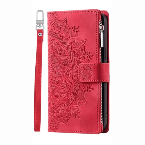 BLOTECH Embossed Zipper Flip Case for Samsung Galaxy A06 Wallet PU Leather Case Cellphone Shell Kickstand with ID Credit 8 Card Slots Skin Cases Covers and Lanyard Strap Zip Coin Purse Cover,Red