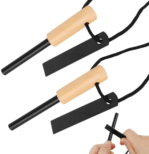 2 stycken överlevnadsbrandsten, brandsten med handgjort trähandtag, eldstål överlevnad 7 i 1 set, stark gnistflyg, tändsten, tändare med tändare för utomhusbruk, bushcraft