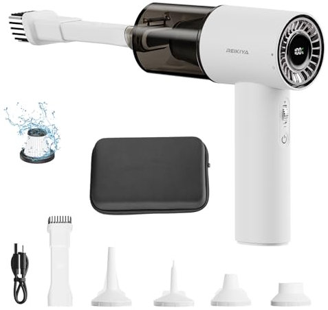 REIKIYA 14KPA High Power Mini Car Vacuum Computer Keyboard Cleaner and Blower Cordless Portable Handheld Vacuum & Compressed Air Duster 2in1 with Green LED Light& Multi-Nozzles for Car Home Office