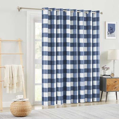 Melodieux Buffalo Check Plaid Sliding Door Curtains 96 Inches Long, Extra Wide Blackout Curtains Thermal Insulated Living Room Divider Patio Door Drape Grommet, Blue, 100 x 96 Inch, 1 Panel