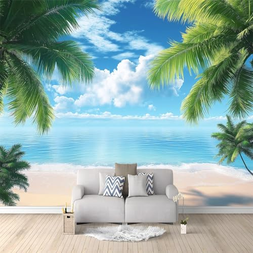 Fototapete Tropischer Strand Palmen Meer 300x210 cm 3D Vliestapete Wandbild, Mustertapete Moderne Wandtapete, Wohnzimmer Schlafzimmer Kinderzimmer Büro Flur Wanddeko