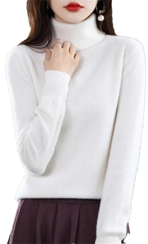 Maglione da donna a collo alto, 100% lana merino, tinta unita, lavorato a maglia, bianco, M