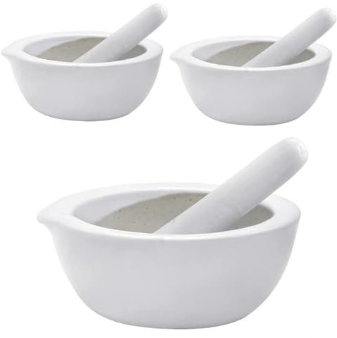 Set di 3 mini pestelli e mortaio, piccoli e compatti, 7 cm, mortaio e pestello, utensili da cucina per macinare spezie ed erbe con facilità, realizzato in porcellana tradizionale (confezione da 3)