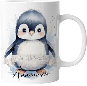 Tasse zu Weihnachten | Weihnachtstasse Tiere - Personalisiert mit Namen | Frohe Weihnachten - Kaffeetasse für Jungen und Mädchen - Pinguin | mug-txZ-128