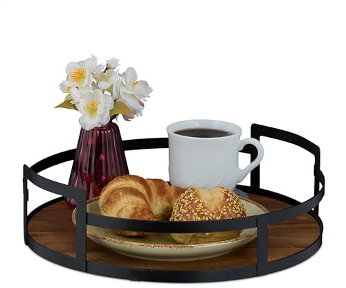 Relaxdays Vassoio da Portata in Legno con Manici e Bordo in Ferro, Piatto Servizio Rotondo HxD 8,5x30,5 cm, Marrone Nero