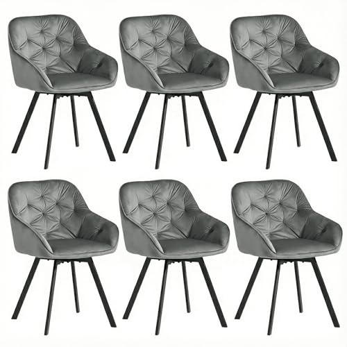 CLIPOP Samt Esszimmerstühle Drehbar 6er Set,Gepolstert Sessel Küchenstuhl mit Armlehne Freizeit Polsterstuhl Bequem Sitz Drehstuhl für Esszimmer Wohnzimmer Büro (3, Grau)