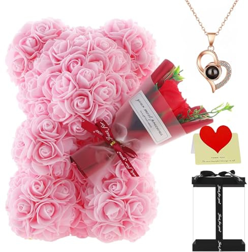 Orsetto di rose con bouquet e scatola regalo, 25 cm, teddy floreale romantico per anniversario, Natale, matrimonio e compleanno (rosa chiaro)