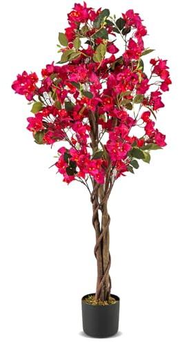 COSTWAY 120 cm konstträd med blommor, konstgjord växt i kruka, konstgjord bougainvillea träd, falsk krukväxt, konstgjorda växter för inomhus, utomhus, sovrum, kontor, trädgårdsdekoration (rosa, 1)