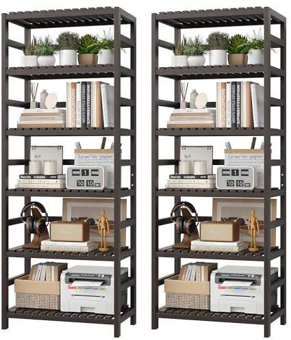 FOTOSOK 6-Tier Bamboo Shelf Set of 2, Bamboo Bookcase with Adjustable Shelves, Free Standing Storage Shelf Unit and Plant Flower Stand, Tall Large Bookshelf for Kitchen, Bathroom, Home Office, Vintage