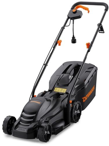 DOVAMAN LM33C Tosaerba elettrico 1300 W, lama in acciaio da 33 cm, regolazione in altezza di taglio 5 volte (25-65 mm), fino al 95% di raccolta erba, cestino da 35 l con indicatore, manico regolabile