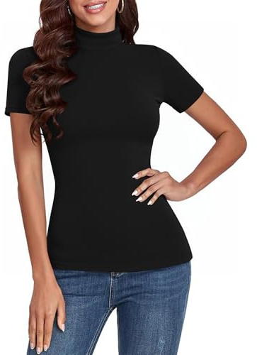 Totatuit Tee shirt femme col roulé manches courtes haut moulant coton stretch style basique chic confortable pour tous les jours Noir，XXL