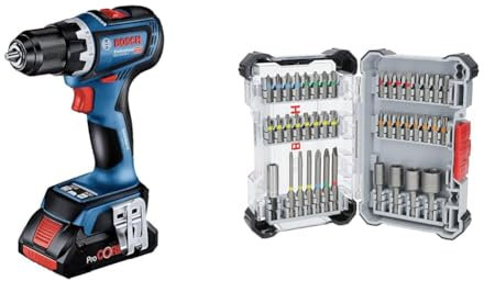 Bosch Professional 18V System Akku Bohrschrauber GSR 18V-90 C (inkl. 2x ProCORE Akkus 4.0Ah, Schnellladegerät) + 43x Extra Hard Schrauberbit-Set (197 x 110,5 mm, Zubehör)