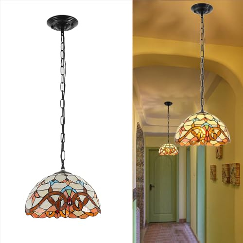 XINYASEE Vintage Tiffany Pendant Light, Glass Light Shade, E27 Socket, Height Adjustable Ceiling Hanging Light Fixture for Kitchen Island and Dining Room (Baroque, 30CM)