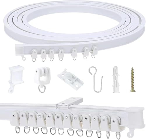 Flexible Vorhangschiene 5 M (16,4 ft), Gebogen, PVC, Metall, Kunststoff und Edelstahl, Dekorativ, für Schlafzimmer, Mattweiß Weiß, für Deckenmontage