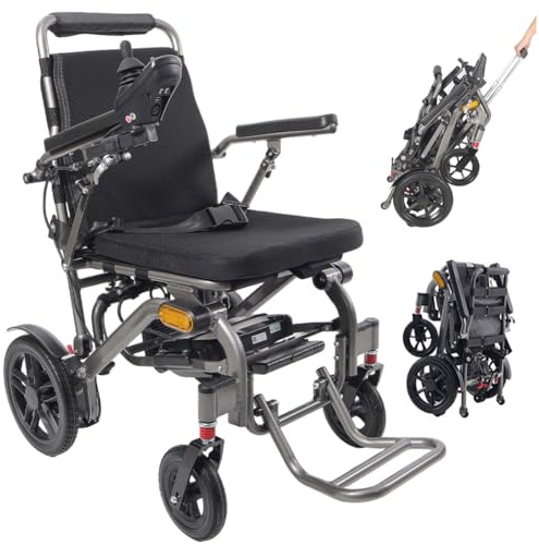 Juodkeo Silla de ruedas eléctrica de aluminio todo terreno plegable - Ligera compacta para transporte, alcance 28km, soporte 150kg, aprobada para avión