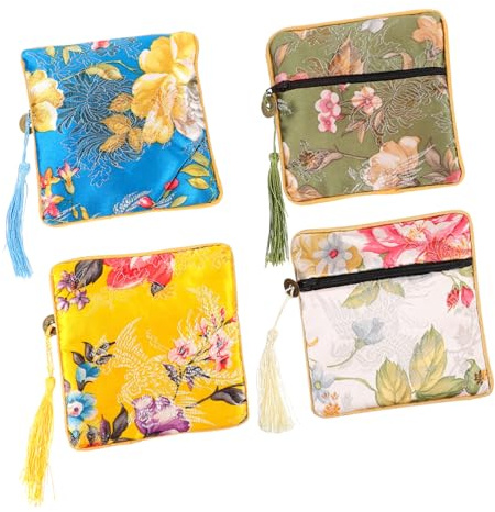 Toyvian Bolsa de Joyas Bordada Estilo Chino con Cremallera y Borlas, 4 Unidades de Chinlon, Organizador Compacto para Anillos y Pulseras, Adecuado para Viajes