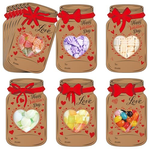 Honeydak 48 Set Valentine's Day Mason Jar Bows Cards Kit with Clear Treat Bags & Adhesive Strips, Happy Valentines Cards, DIY Goodie Bags, Valentines Exchange Card, Party Favors Supplies