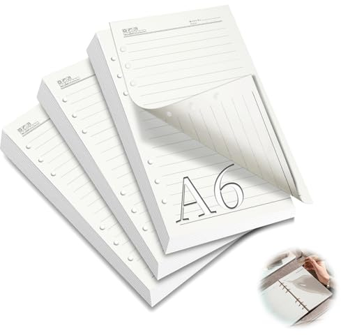 mawmuaw 3 Confezioni Fogli A6 con Buchi 180 Ricarica Carta Righe 6 Fori A6 Ricariche per Fogli Formato Planner Inserti di Carta per Raccoglitore ad Anelli Ricarica Agenda Schizzi Pittura