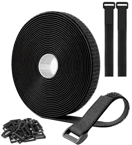 Adjustable Cable Straps 5 m x 2 cm with 60 Buckles, Free Cut Length, Reusable Fastening Cable Ties, Securing Strap for Cable Tidy, Cord Organiser, Wire Management, Black