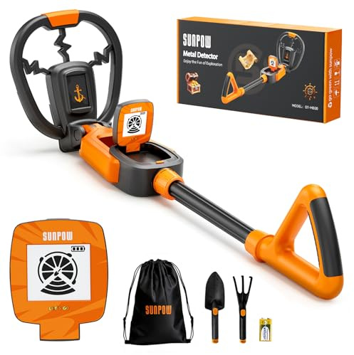 SUNPOW Metallsökare för Barn med Skattanimation och Vattentät Spole – Justerbar Stång (60–70 cm) – Kit med Spade, Kratta och Väska – Perfekt Present till Barn mellan 6 och 12 År
