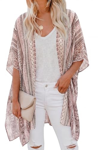 PRETTYGARDEN Summer Kimonos for Women Boho Floral Short Sleeve Kimono Cardigans Swimsuit Beach Cover Ups for Women Swimwear (Pink Floral, Large)