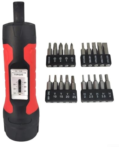 Cacciavite dinamometrico manuale da 1/4 di pollice, chiave preimpostata 25,4-165,1 cm, in acciaio al carbonio con manico antiscivolo per applicazioni elettriche e meccaniche (1 set)