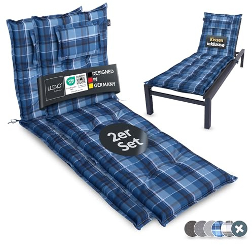 LILENO HOME Sonnenliege Auflage als [2er Set - Rollliege] in Karo Blau | Gartenliegen Auflage perfekt für Strandliege - Polster für Gartenliege (188x60x8cm) MAR