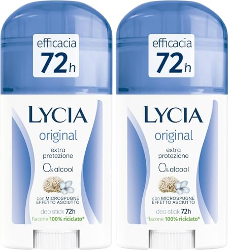 Lycia, Original Deodorante Stick con Microspugne Effetto Asciutto per una Sensazione di Freschezza Durevole, Efficace fino a 72H, Senza Alcool, 40 ml (Confezione da 2)