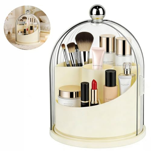 Make up Kosmetik Organizer 360° Drehbar, Pinselhalter Kosmetik mit Deckel | Transparent, Staubdicht, mit 5 Fächern, 18.5 x 27cm Pinsel Skincare Aufbewahrung für Schminktisch Schlafzimmer Badezimmer