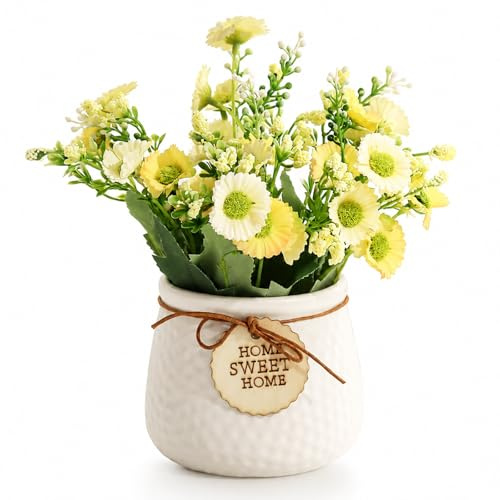 CHUNGG Artificial Flowers with Vase, Artificial Fake Plants Flowers Indoor with Ceramic Vases, for Bedroom, Living Room, Home Accessories,Table Home Kitchen Office Coffee Shop Decorations (Daisy)