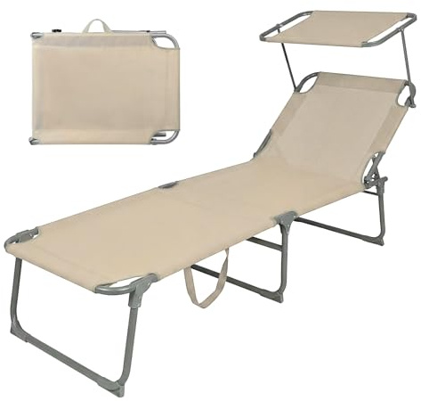 Montafox Sonnenliege klappbar 195 x 60 x 34 cm tragbarer Liegestuhl bis 150 kg mit Sonnendach Verstellbarer Rückenlehne für Garten Pool Terrasse Strand, Farbe:beige