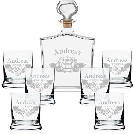 polar-effekt 7-TLG Geschenk-Set mit Whiskeyflasche und 6 Whiskygläser - Edle Glas-Karaffe Inhalt: 700ml - Personalisiert mit Gravur - Motiv Fass im Banner