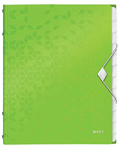 Leitz A4 Ordnungsmappe für bis zu 200 Blatt, 12 Fächer mit Taben zur Ordnung des Inhalts, Gummibandverschluss, Grün, WOW, 46340054