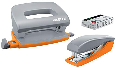 Leitz Urban Chic Mini-Heftgerät und -locher im Set, Für bis zu 10 Blatt, Inkl. Heftklammern, Blau/Schwarz, 55996088